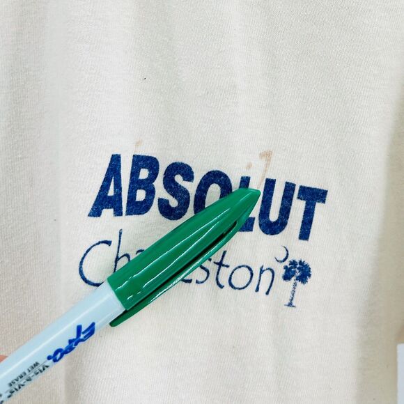 Vintage 90s Absolut Charleston Cream Blue Graphic 100% CottonT-Shirt - Picture 8 of 10